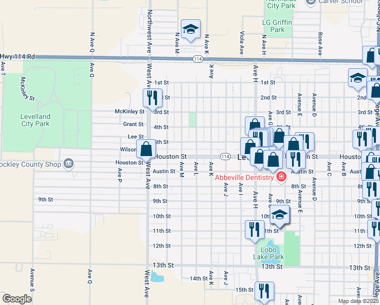 map of restaurants, bars, coffee shops, grocery stores, and more near 1312 5th Street in Levelland