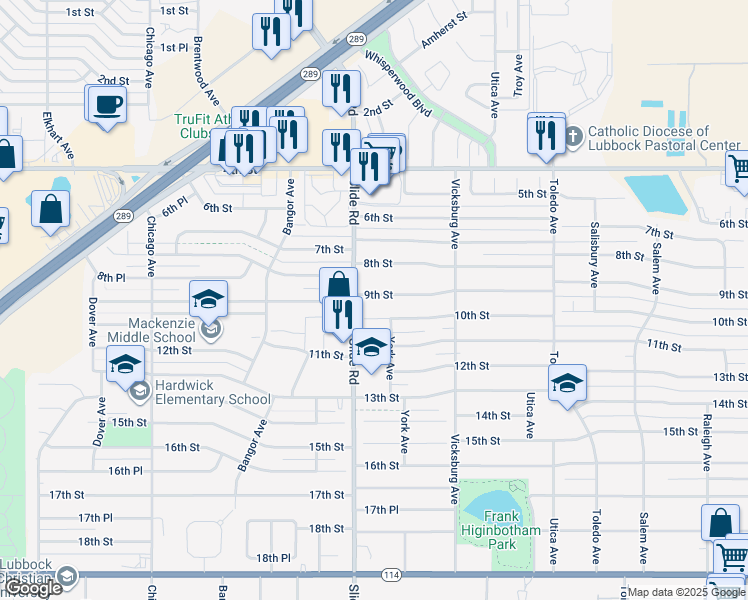 map of restaurants, bars, coffee shops, grocery stores, and more near 4936 9th Street in Lubbock