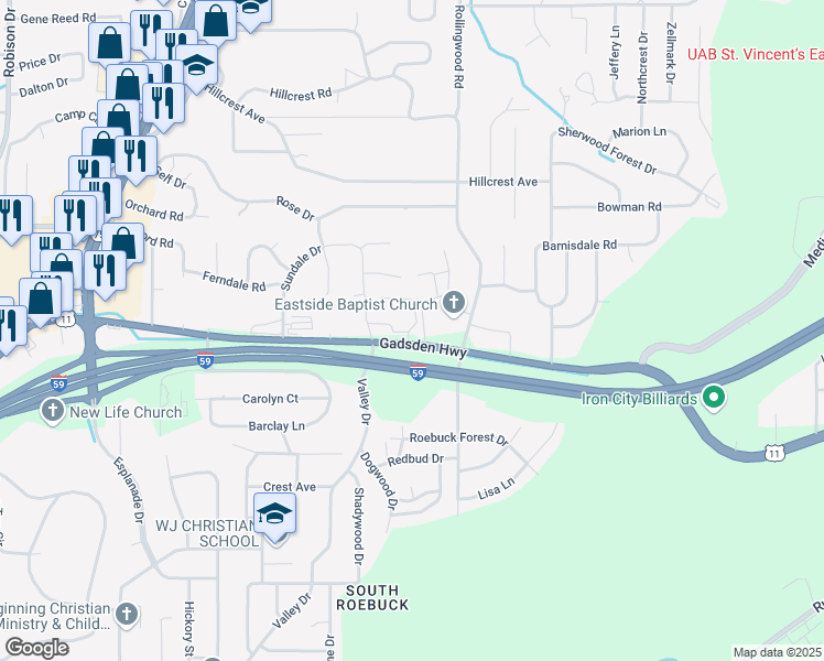map of restaurants, bars, coffee shops, grocery stores, and more near 17 Watertown Circle in Birmingham