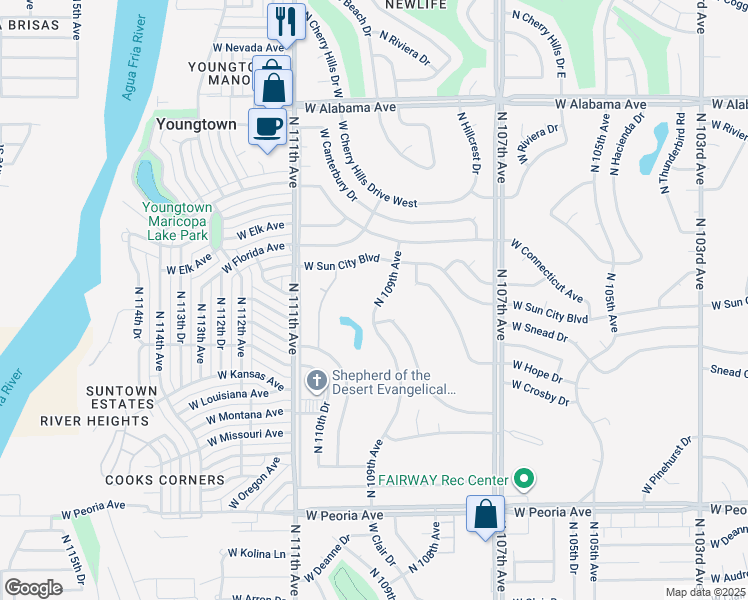 map of restaurants, bars, coffee shops, grocery stores, and more near 11418 North 109th Avenue in Sun City