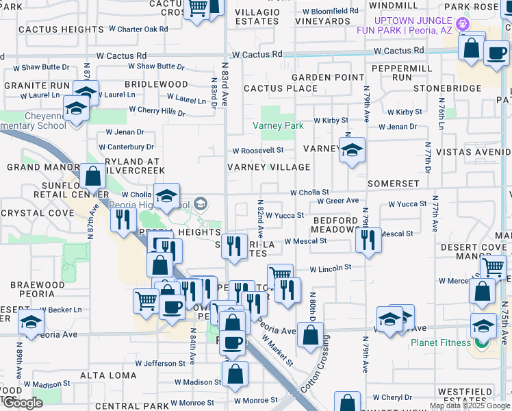 map of restaurants, bars, coffee shops, grocery stores, and more near 11320 North 82nd Avenue in Peoria