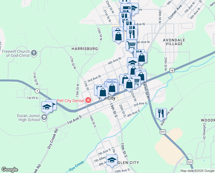 map of restaurants, bars, coffee shops, grocery stores, and more near 111 20th Street South in Pell City