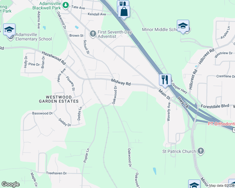 map of restaurants, bars, coffee shops, grocery stores, and more near 3816 Oakwood Drive in Adamsville
