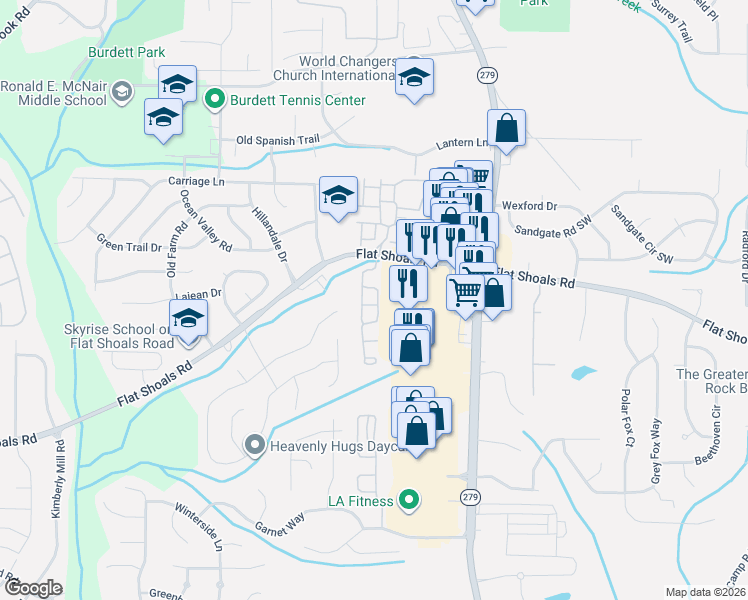 map of restaurants, bars, coffee shops, grocery stores, and more near 6229 Centennial Run in Atlanta