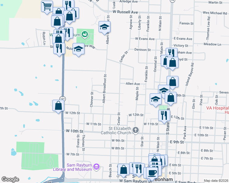 map of restaurants, bars, coffee shops, grocery stores, and more near 1409 Cedar Street in Bonham