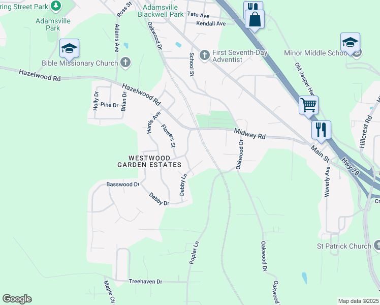 map of restaurants, bars, coffee shops, grocery stores, and more near 421 Westwood Avenue in Adamsville