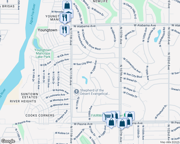 map of restaurants, bars, coffee shops, grocery stores, and more near 11418 North 109th Avenue in Sun City