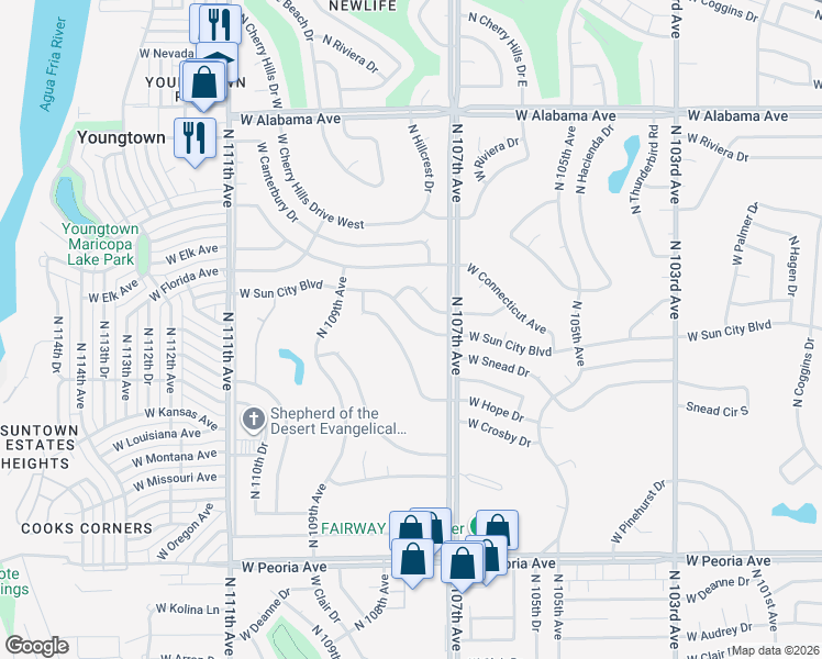 map of restaurants, bars, coffee shops, grocery stores, and more near 10736 West Sun City Boulevard in Sun City
