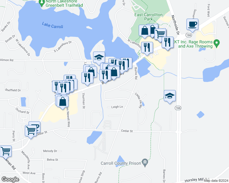 map of restaurants, bars, coffee shops, grocery stores, and more near 120 Carroll Circle in Carrollton