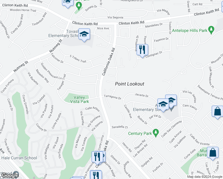 map of restaurants, bars, coffee shops, grocery stores, and more near 24033 Alvita Circle in Murrieta