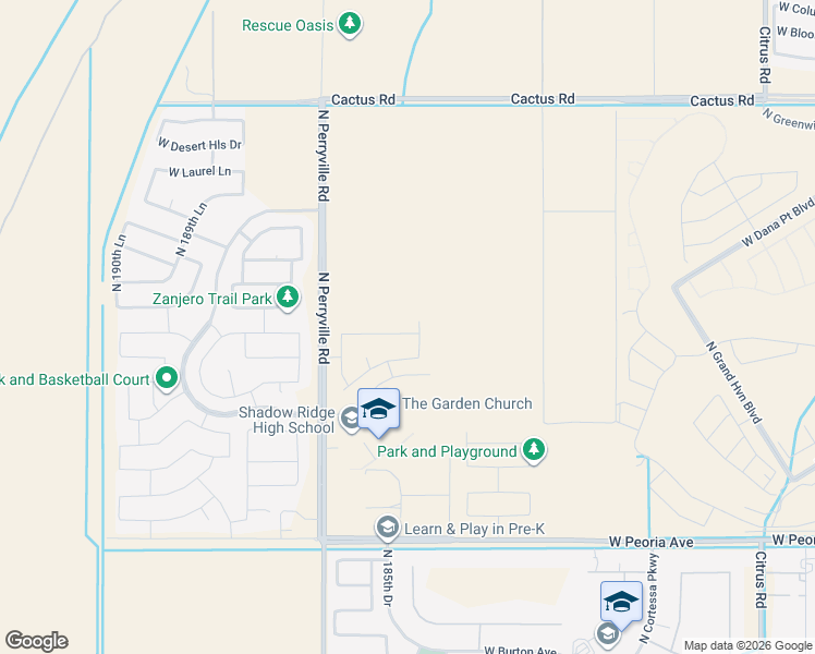 map of restaurants, bars, coffee shops, grocery stores, and more near 18544 West Yucatan Drive in Surprise