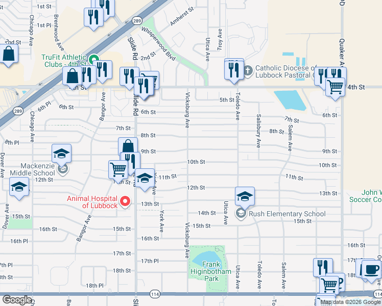 map of restaurants, bars, coffee shops, grocery stores, and more near 4830 9th Street in Lubbock