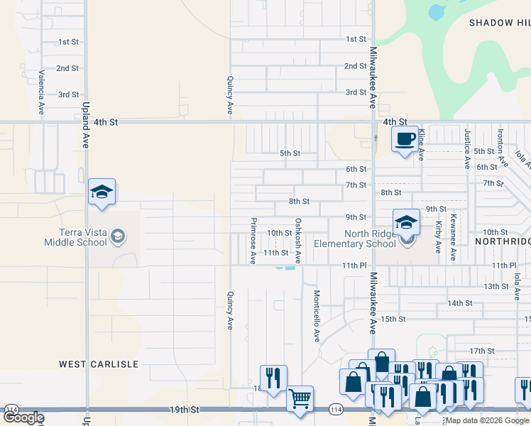 map of restaurants, bars, coffee shops, grocery stores, and more near 6807 8th Street in Lubbock