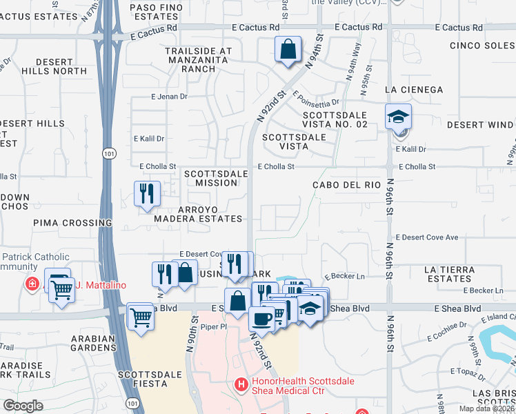 map of restaurants, bars, coffee shops, grocery stores, and more near 11011 North 92nd Street in Scottsdale
