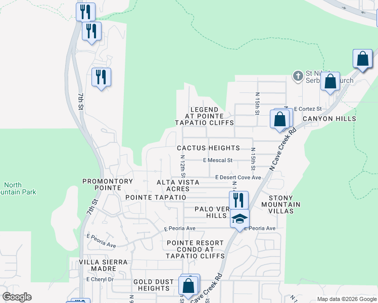 map of restaurants, bars, coffee shops, grocery stores, and more near 1214 East Shangri La Road in Phoenix
