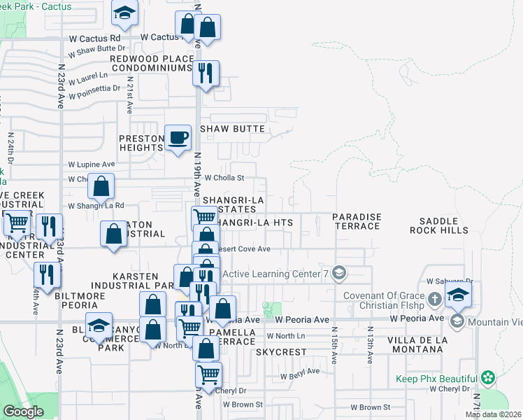 map of restaurants, bars, coffee shops, grocery stores, and more near 1720 West Shangri-la Road in Phoenix