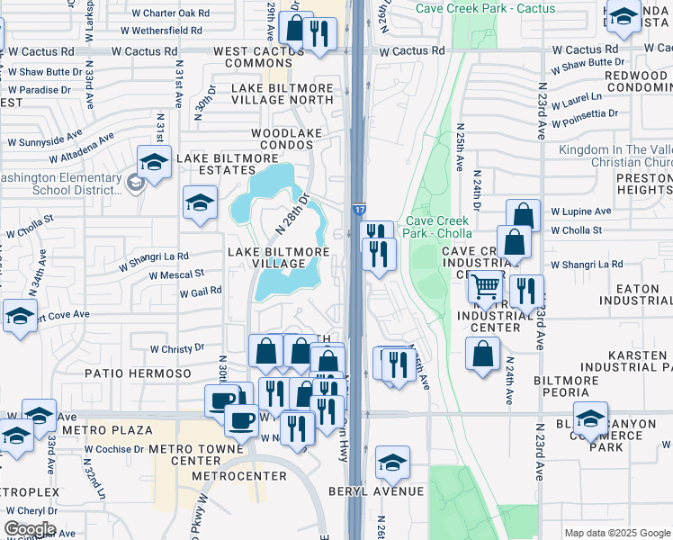map of restaurants, bars, coffee shops, grocery stores, and more near 11050 North Biltmore Drive in Phoenix