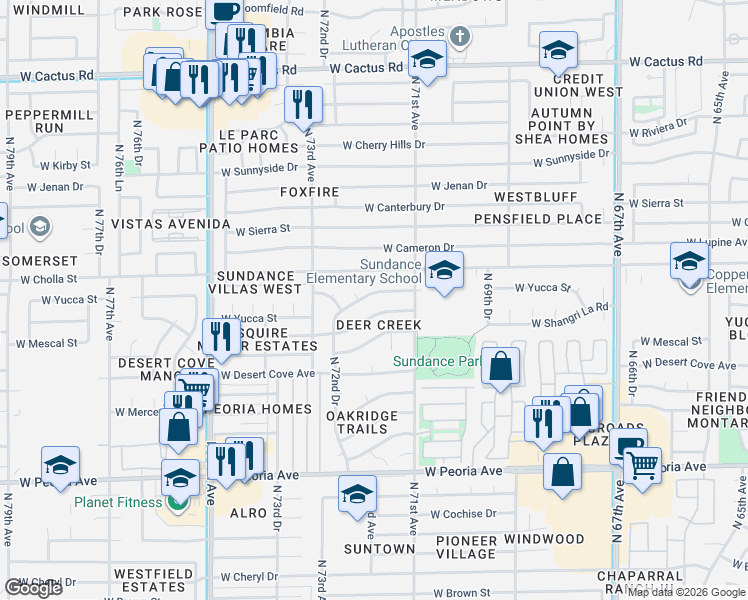 map of restaurants, bars, coffee shops, grocery stores, and more near 7144 West Yucca Street in Peoria