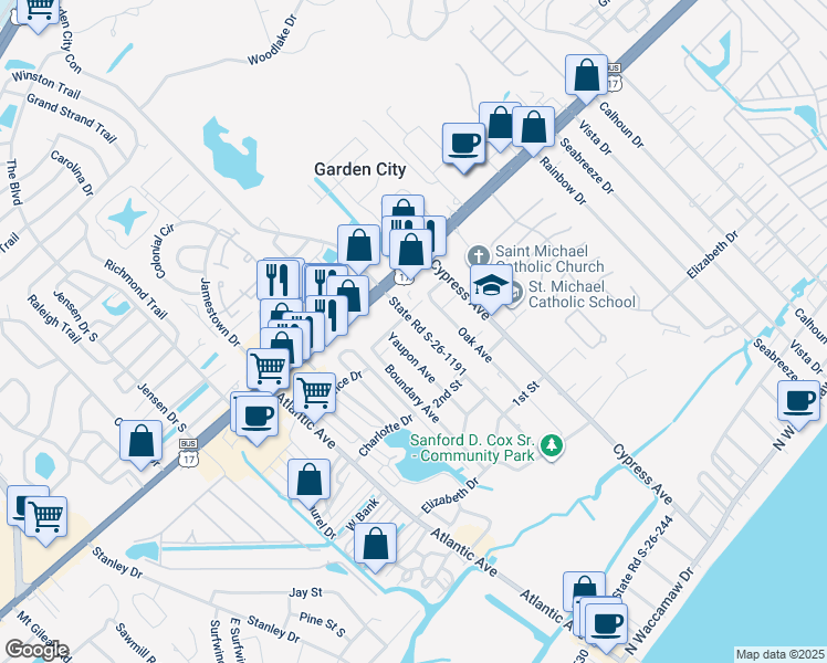 map of restaurants, bars, coffee shops, grocery stores, and more near 1800 Pine Avenue in Murrells Inlet
