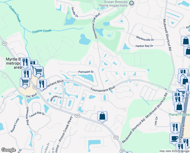 map of restaurants, bars, coffee shops, grocery stores, and more near 152 Parmelee Drive in Murrells Inlet
