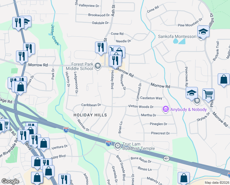 map of restaurants, bars, coffee shops, grocery stores, and more near 6096 Holiday Boulevard in Forest Park