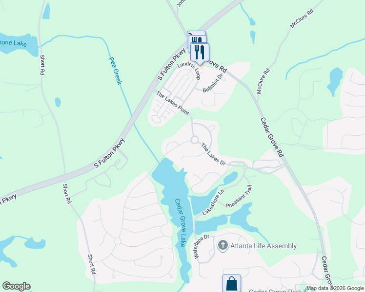 map of restaurants, bars, coffee shops, grocery stores, and more near 7748 The Lakes Drive in Fairburn