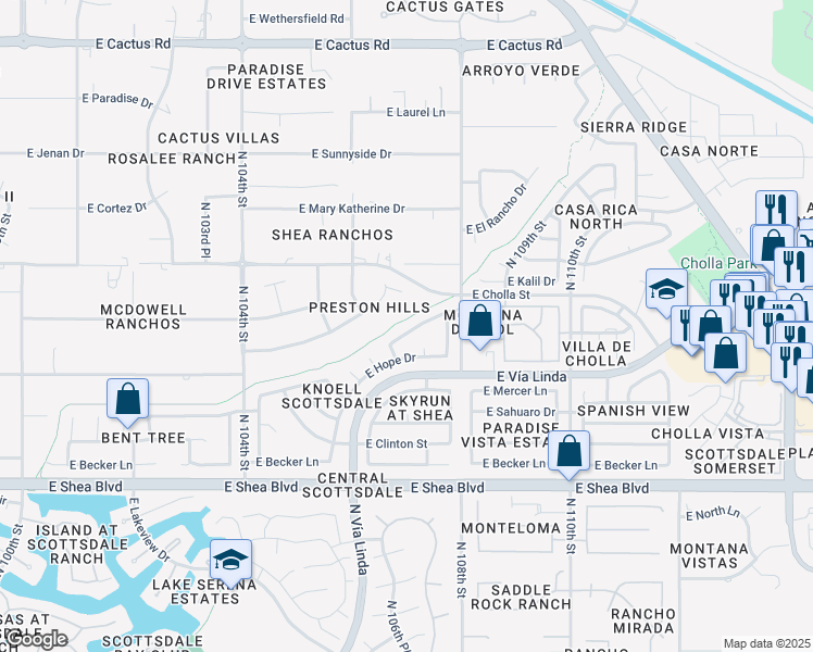 map of restaurants, bars, coffee shops, grocery stores, and more near 10700 East Mescal Street in Scottsdale