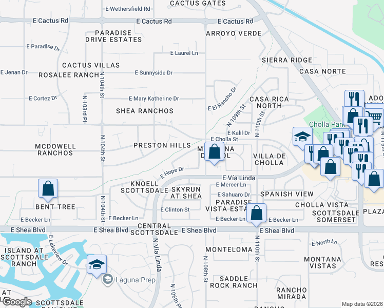 map of restaurants, bars, coffee shops, grocery stores, and more near 10750 East Mescal Street in Scottsdale