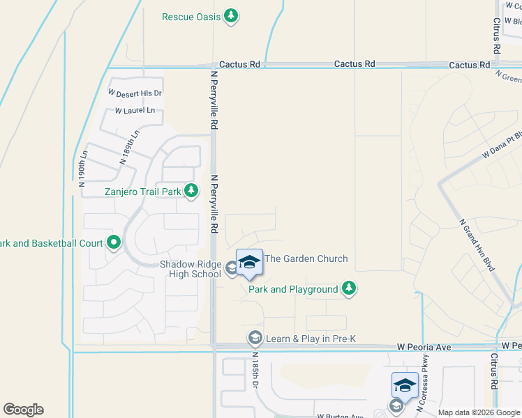 map of restaurants, bars, coffee shops, grocery stores, and more near 18544 West Yucatan Drive in Surprise