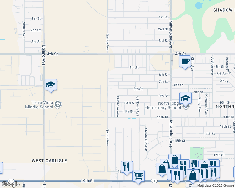 map of restaurants, bars, coffee shops, grocery stores, and more near 6814 9th Street in Lubbock