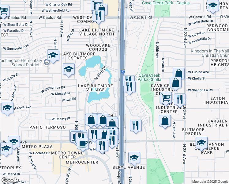 map of restaurants, bars, coffee shops, grocery stores, and more near 11050 North Biltmore Drive in Phoenix