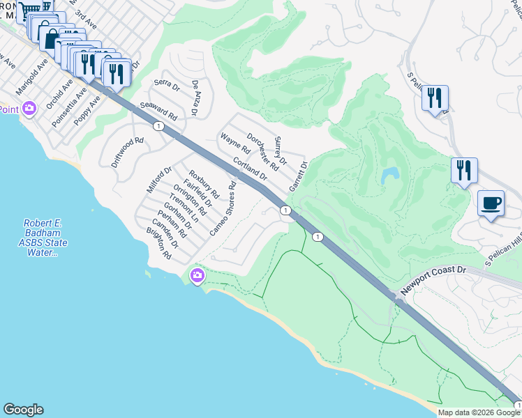 map of restaurants, bars, coffee shops, grocery stores, and more near 7 Shoreview Drive in Newport Beach