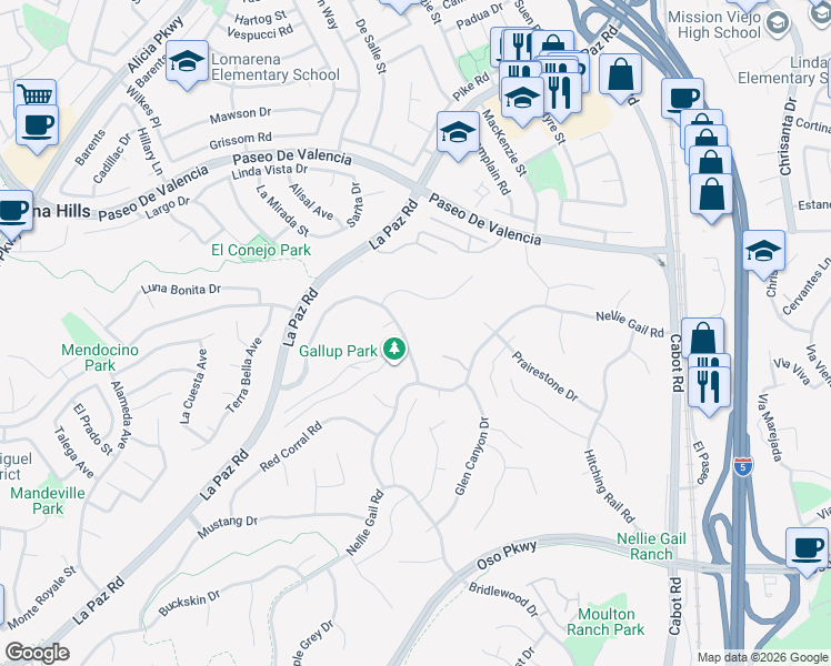 map of restaurants, bars, coffee shops, grocery stores, and more near 25572 Rangewood Road in Laguna Hills
