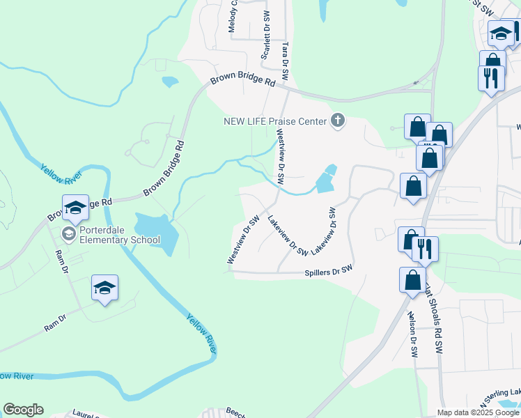 map of restaurants, bars, coffee shops, grocery stores, and more near 10115 Lakeview Drive Southwest in Covington