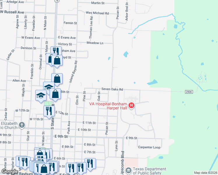 map of restaurants, bars, coffee shops, grocery stores, and more near 811 Seven Oaks Road in Bonham