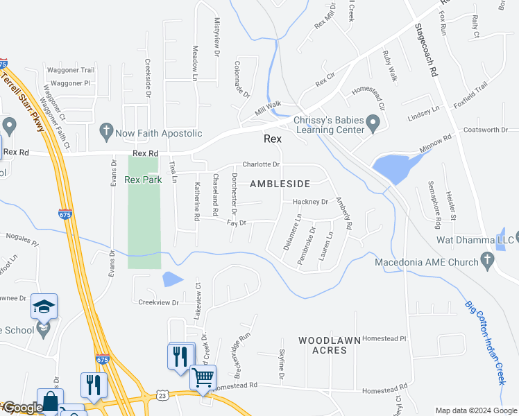 map of restaurants, bars, coffee shops, grocery stores, and more near 3699 Ashbill Court in Rex