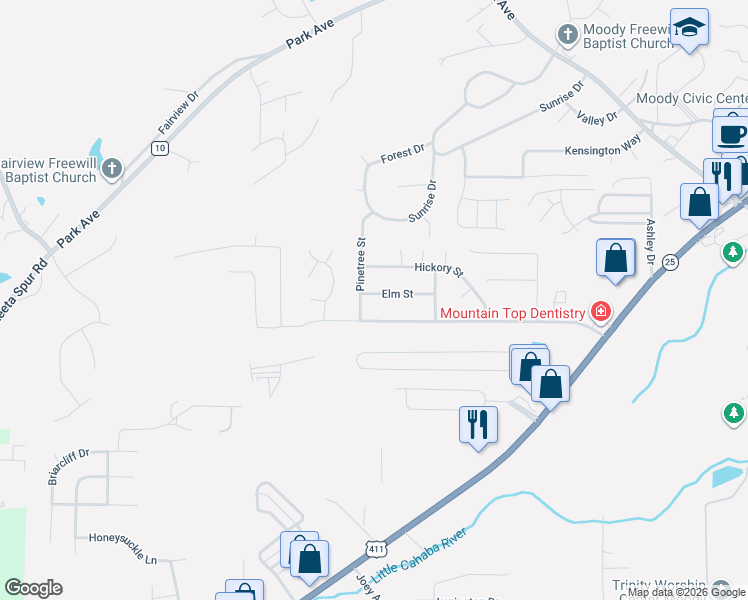 map of restaurants, bars, coffee shops, grocery stores, and more near 1029 Elm Street in Moody