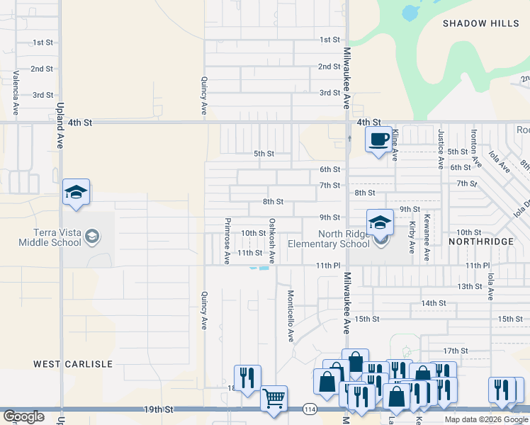 map of restaurants, bars, coffee shops, grocery stores, and more near 6721 8th Street in Lubbock