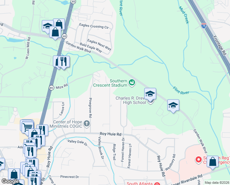 map of restaurants, bars, coffee shops, grocery stores, and more near 6114 Johnson Road in Riverdale