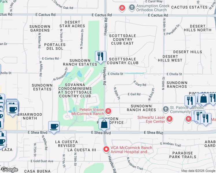 map of restaurants, bars, coffee shops, grocery stores, and more near 8030 East Gary Road in Scottsdale