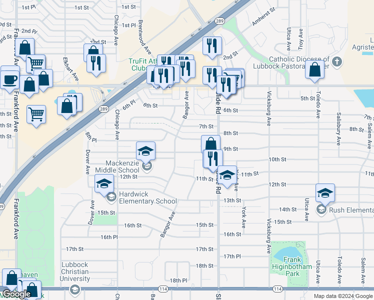 map of restaurants, bars, coffee shops, grocery stores, and more near 5224 9th Street in Lubbock