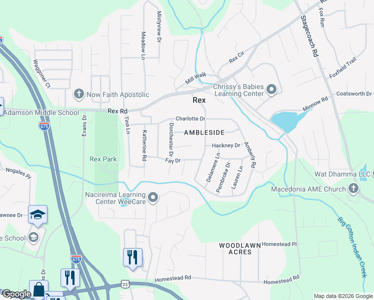 map of restaurants, bars, coffee shops, grocery stores, and more near 3693 Ashbill Court in Rex