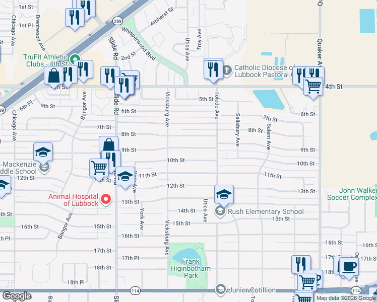 map of restaurants, bars, coffee shops, grocery stores, and more near 4818 9th Street in Lubbock