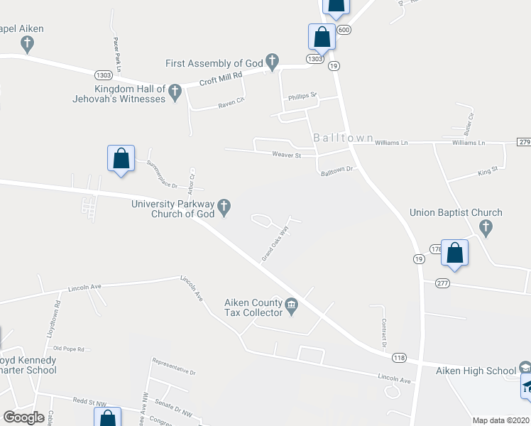 map of restaurants, bars, coffee shops, grocery stores, and more near 140 Majestic Oak Way in Aiken