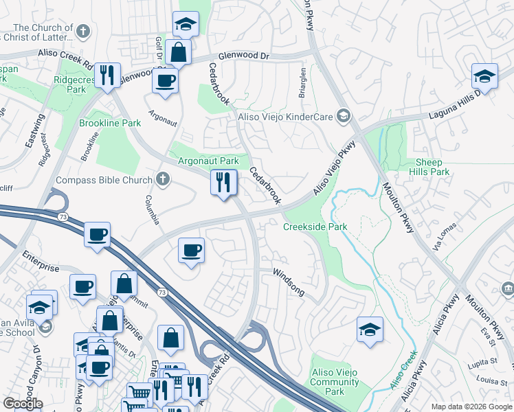 map of restaurants, bars, coffee shops, grocery stores, and more near 119 Montara Drive in Aliso Viejo