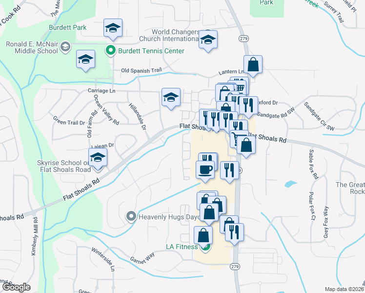 map of restaurants, bars, coffee shops, grocery stores, and more near 6229 Centennial Run in Atlanta