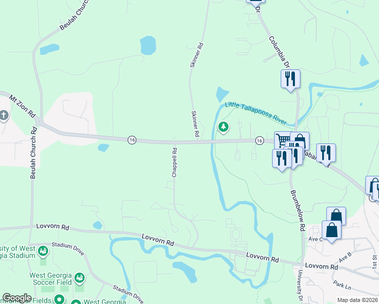 map of restaurants, bars, coffee shops, grocery stores, and more near 1220 Mount Zion Road in Carrollton