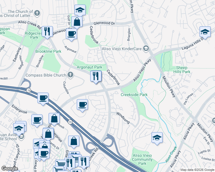 map of restaurants, bars, coffee shops, grocery stores, and more near 121 Montara Drive in Aliso Viejo