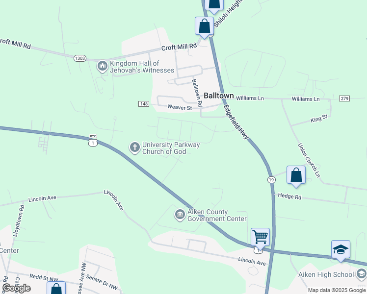 map of restaurants, bars, coffee shops, grocery stores, and more near Grand Oaks Way in Aiken