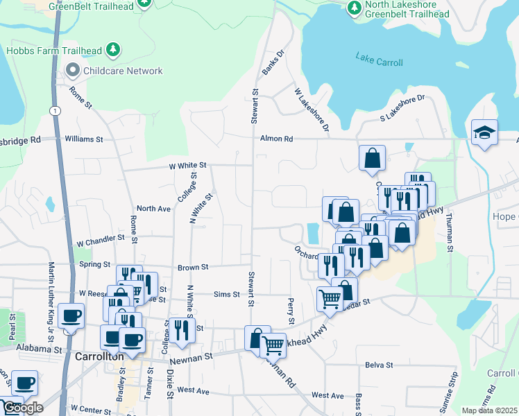 map of restaurants, bars, coffee shops, grocery stores, and more near 407 Stewart Street in Carrollton